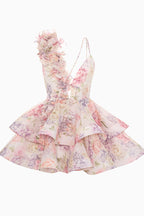 Lace Up V Neck One Shoulder Floral Applique Tiered Ruffle Mini Dress