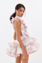 Lace Up V Neck One Shoulder Floral Applique Tiered Ruffle Mini Dress