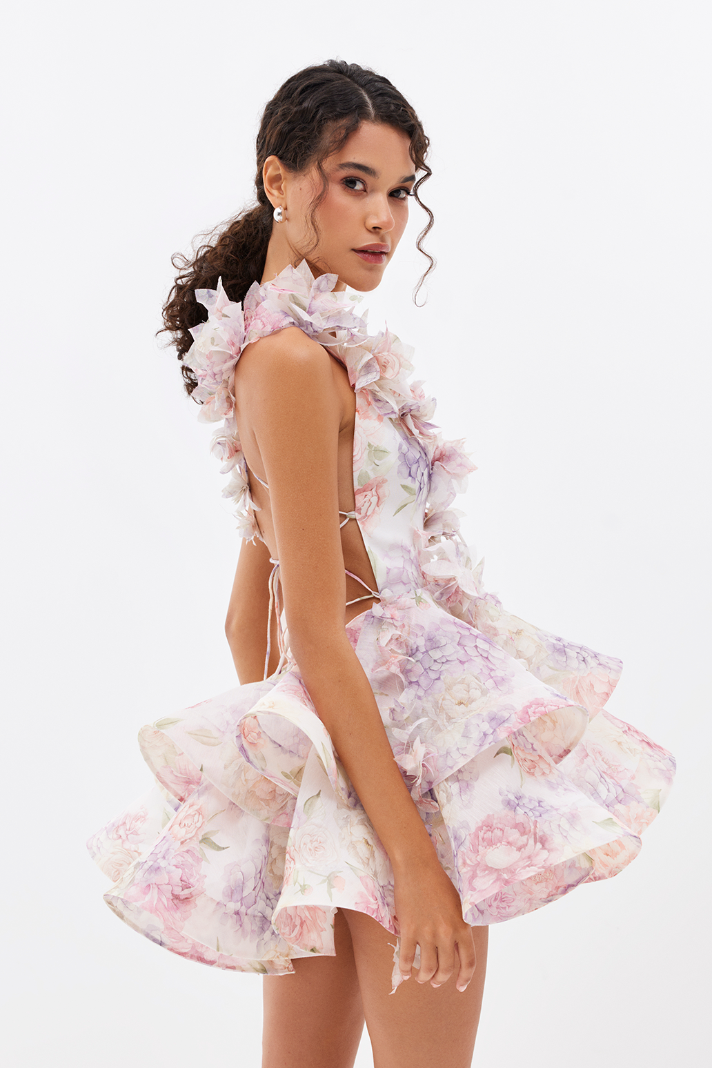 Lace Up V Neck One Shoulder Floral Applique Tiered Ruffle Mini Dress