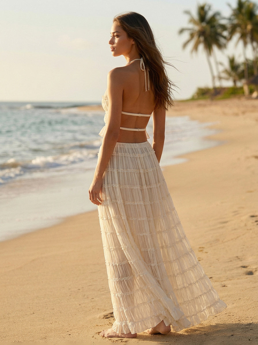 Textured Halter Neck Crop Top And Long Skirt 2 Piece Co-ord Set For Beach 2026