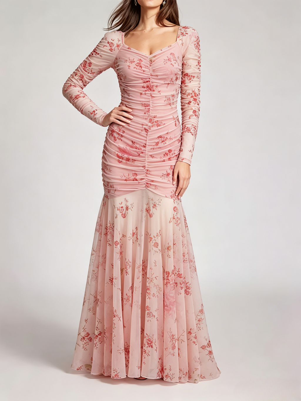 Party Dress Maxi Light Apricot Stand Collar Pleated Long Sleeves Printed Casual Dress
