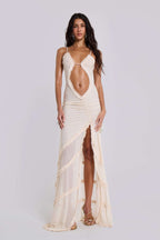 Mixed Print Spaghetti Strap Oval Front Cut Out Tiered Ruffle Slit Maxi Dress