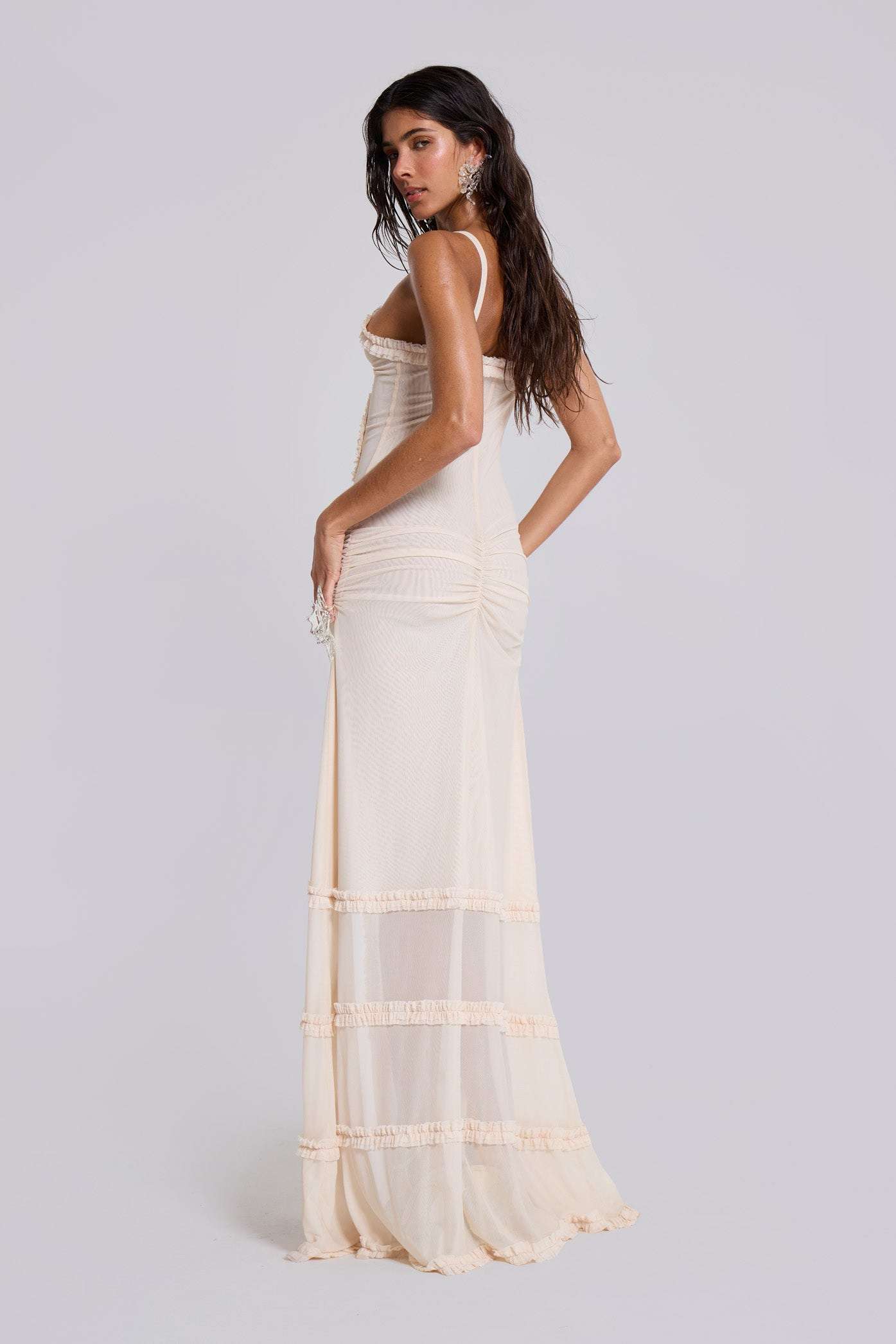 Mixed Print Spaghetti Strap Oval Front Cut Out Tiered Ruffle Slit Maxi Dress