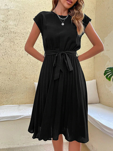 Sabina Chic Short Sleeve Pleated Casual Mini Dress for Summer Everyday Luxe Edit