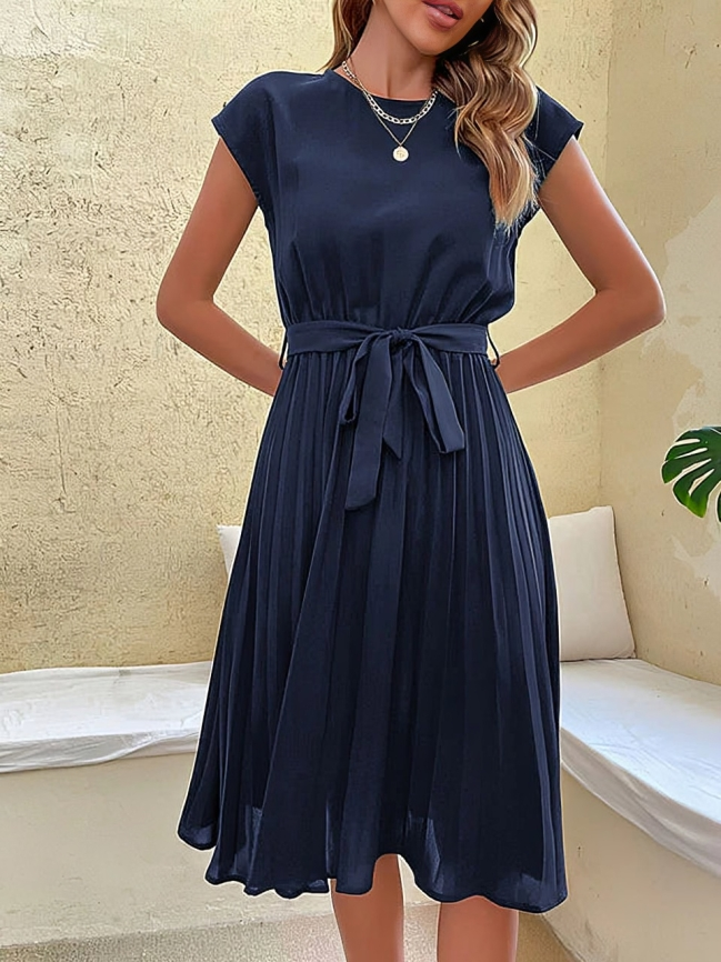 Fiona Premium Chic Short Sleeved Dress with Tie Belt Everyday Luxe Edit