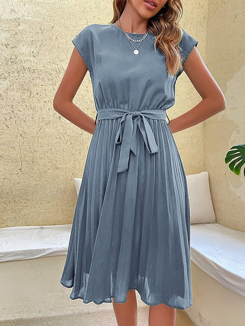Leonor Statement Short Sleeve Pleated Casual Mini Dress for Summer Chic Silhouette Collection