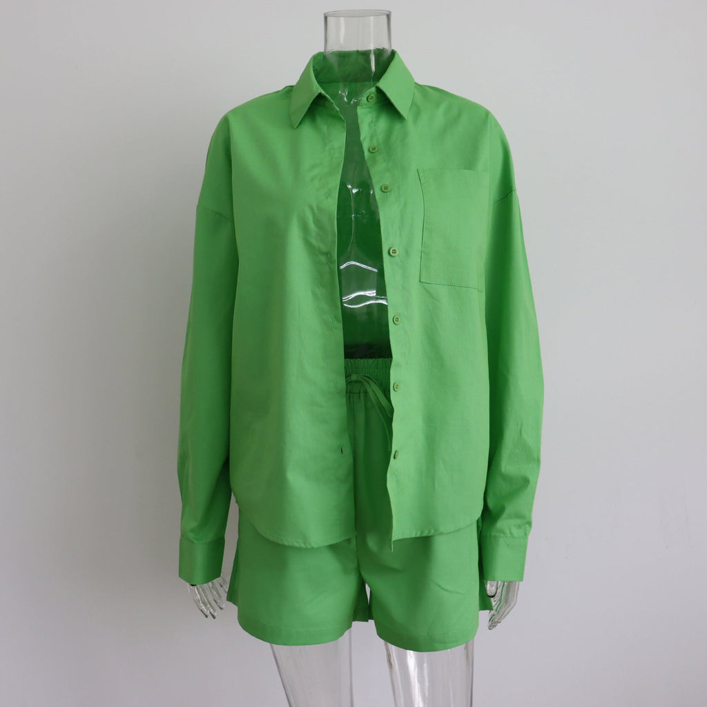 Long Sleeve Button Down Shirt & Drawstring Short Set