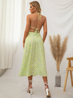Halter Floral Backless Midi Dress