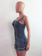 Deep V Neck Denim Romper For Women - Medium Blue Sexy Bodycon Frayed Hem Shorts Jumpsuit - Summer Music Festival Party 2026