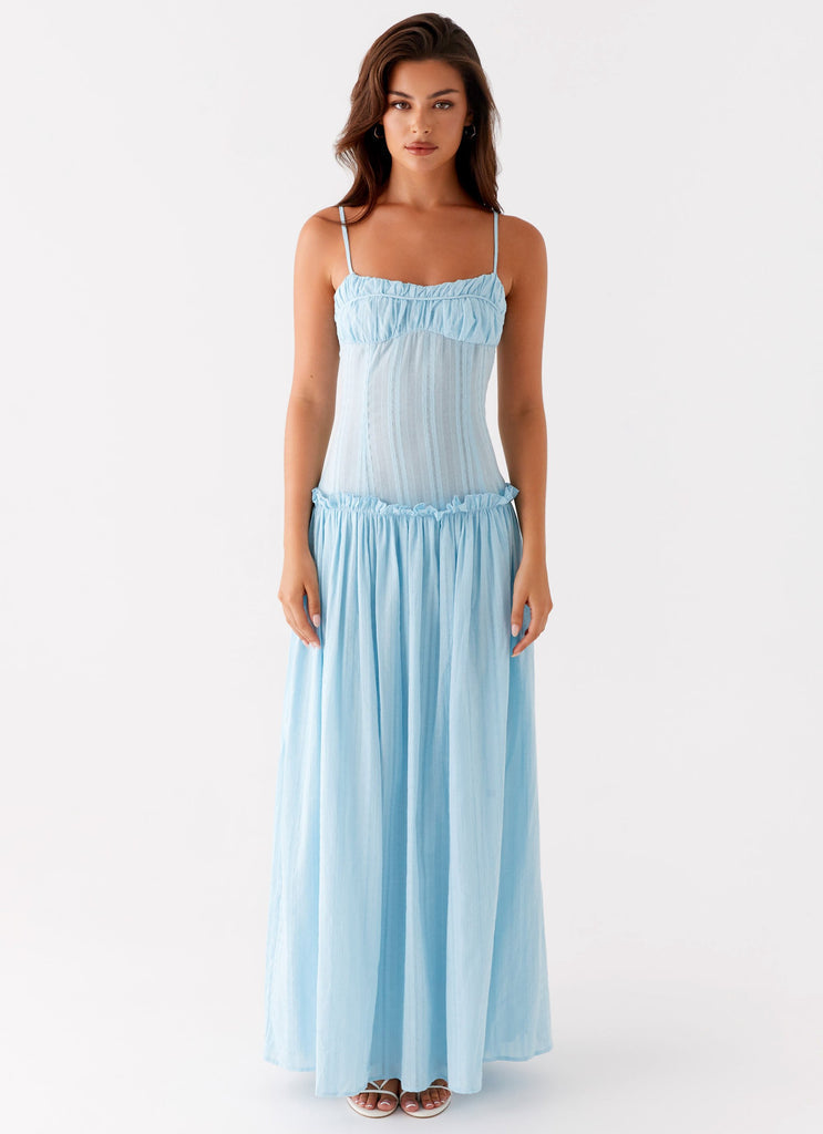 Spaghetti Strap Pleated Bodice Drop Waist Ruffle Trim Gathered Maxi Dress