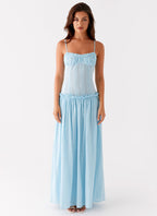 Spaghetti Strap Pleated Bodice Drop Waist Ruffle Trim Gathered Maxi Dress