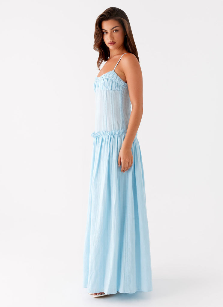 Spaghetti Strap Pleated Bodice Drop Waist Ruffle Trim Gathered Maxi Dress