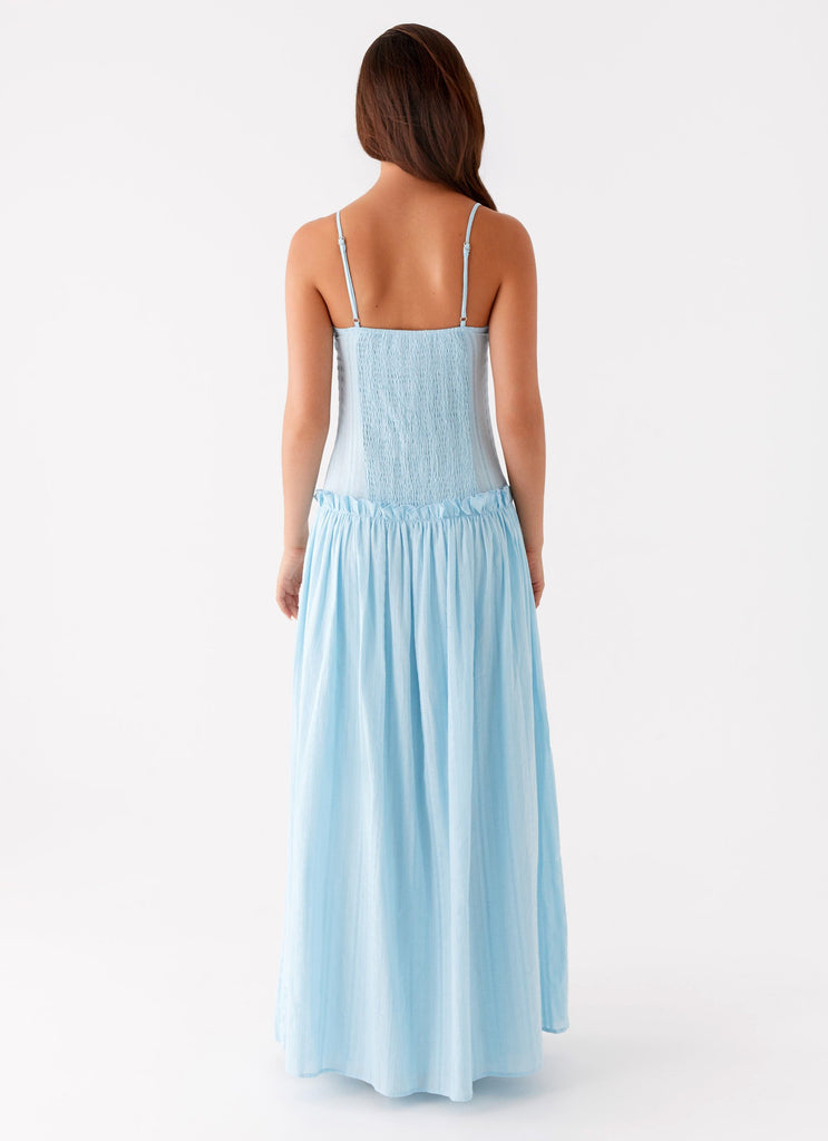 Spaghetti Strap Pleated Bodice Drop Waist Ruffle Trim Gathered Maxi Dress