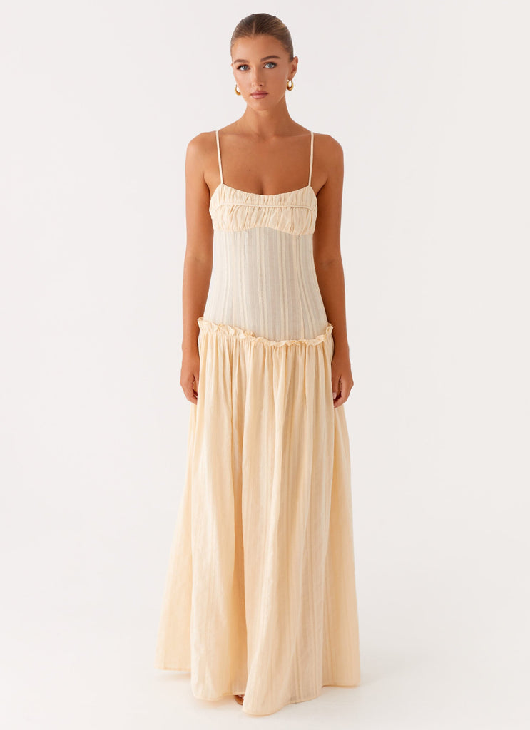 Spaghetti Strap Pleated Bodice Drop Waist Ruffle Trim Gathered Maxi Dress