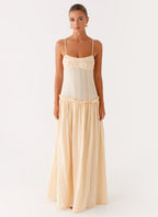 Spaghetti Strap Pleated Bodice Drop Waist Ruffle Trim Gathered Maxi Dress