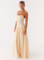 Spaghetti Strap Pleated Bodice Drop Waist Ruffle Trim Gathered Maxi Dress