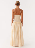 Spaghetti Strap Pleated Bodice Drop Waist Ruffle Trim Gathered Maxi Dress