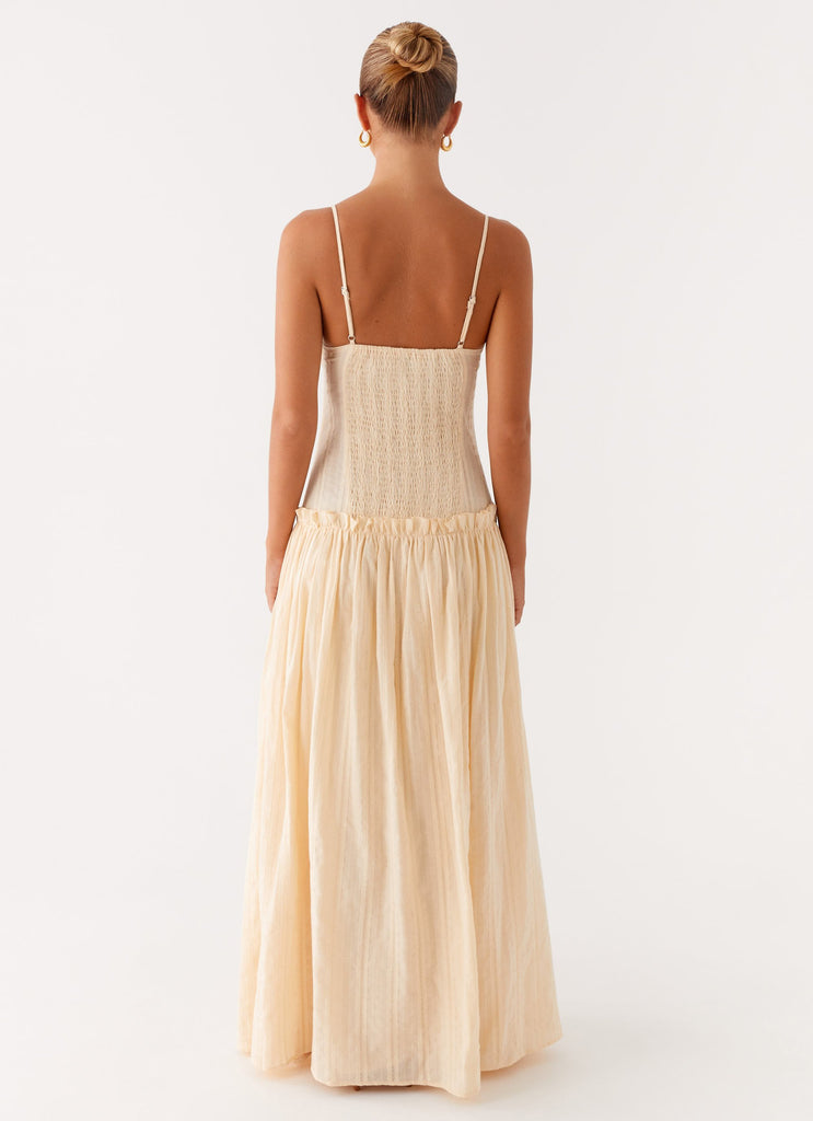 Spaghetti Strap Pleated Bodice Drop Waist Ruffle Trim Gathered Maxi Dress