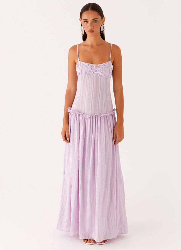 Spaghetti Strap Pleated Bodice Drop Waist Ruffle Trim Gathered Maxi Dress