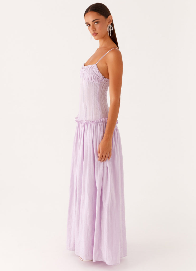 Spaghetti Strap Pleated Bodice Drop Waist Ruffle Trim Gathered Maxi Dress