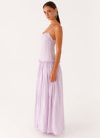 Spaghetti Strap Pleated Bodice Drop Waist Ruffle Trim Gathered Maxi Dress