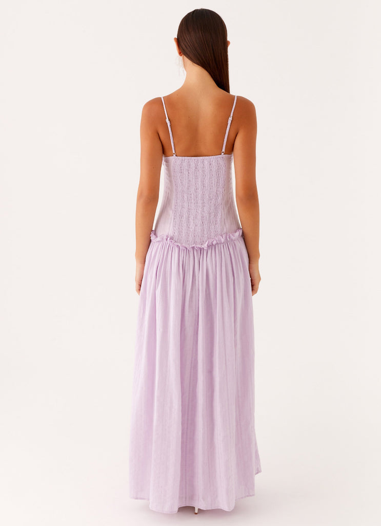 Spaghetti Strap Pleated Bodice Drop Waist Ruffle Trim Gathered Maxi Dress