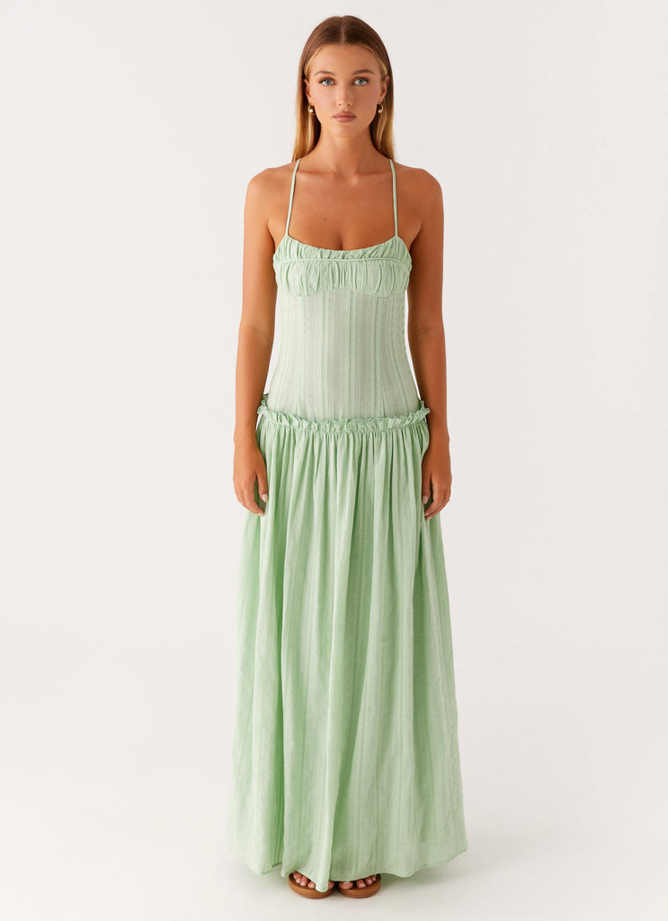 Spaghetti Strap Pleated Bodice Drop Waist Ruffle Trim Gathered Maxi Dress