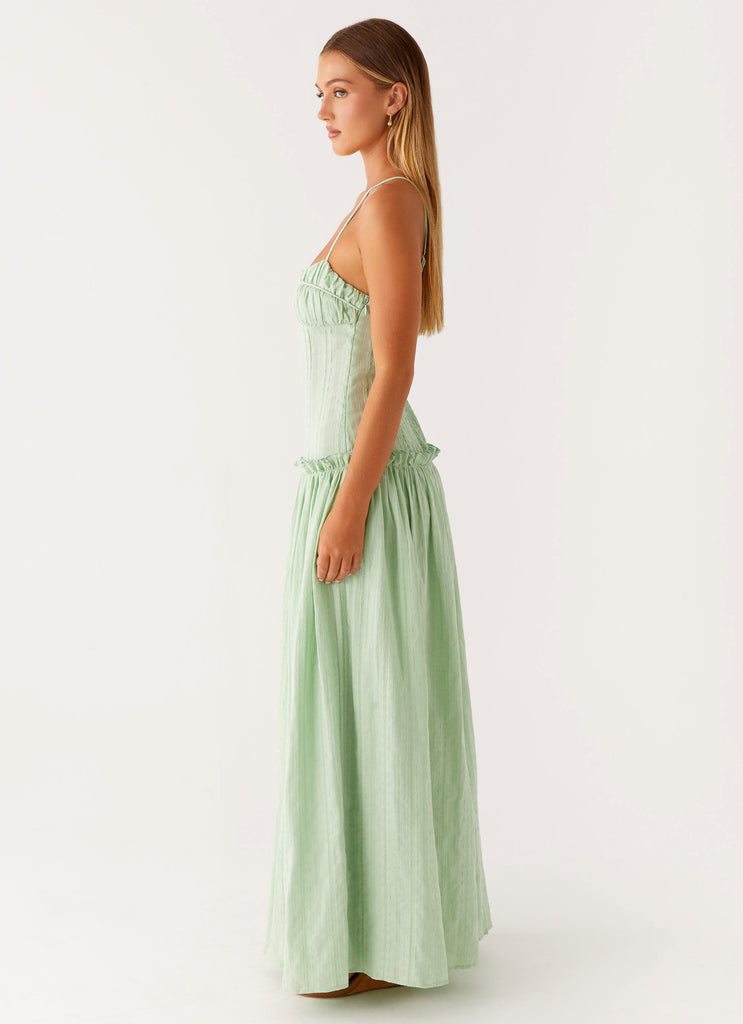 Spaghetti Strap Pleated Bodice Drop Waist Ruffle Trim Gathered Maxi Dress