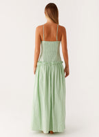Spaghetti Strap Pleated Bodice Drop Waist Ruffle Trim Gathered Maxi Dress