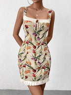 Jacquard Tie Front Ruffle Hem Bodycon Dress