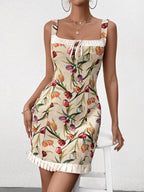 Jacquard Tie Front Ruffle Hem Bodycon Dress