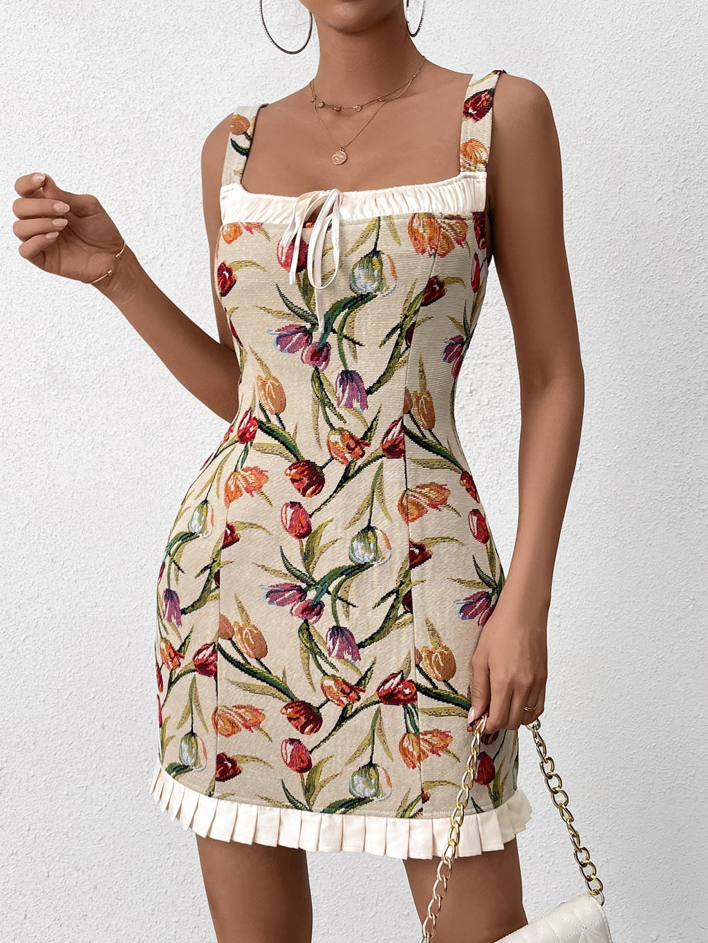 Jacquard Tie Front Ruffle Hem Bodycon Dress