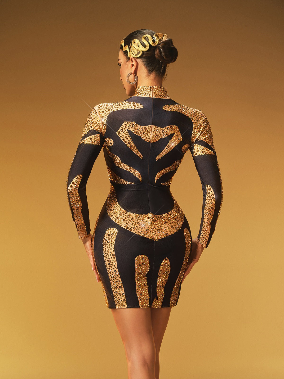 Mock Neck Long Sleeve Sequin Scroll Pattern Bodycon Mini Dress
