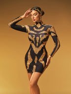 Mock Neck Long Sleeve Sequin Scroll Pattern Bodycon Mini Dress