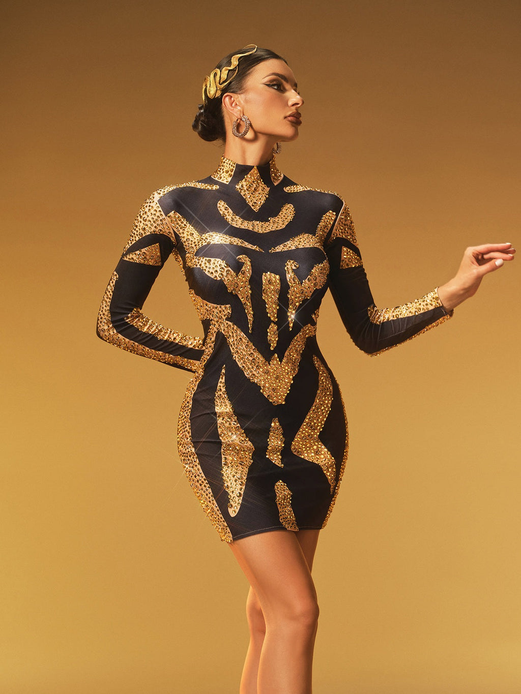 Mock Neck Long Sleeve Sequin Scroll Pattern Bodycon Mini Dress