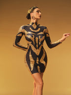 Mock Neck Long Sleeve Sequin Scroll Pattern Bodycon Mini Dress