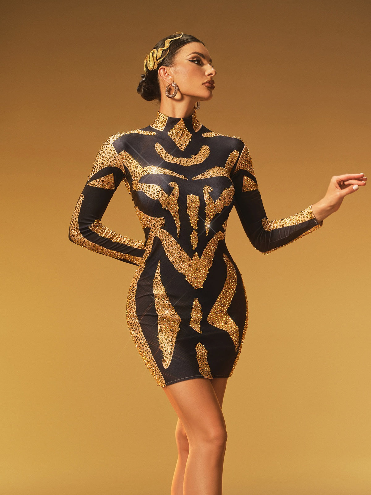 Mock Neck Long Sleeve Sequin Scroll Pattern Bodycon Mini Dress