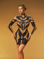 Mock Neck Long Sleeve Sequin Scroll Pattern Bodycon Mini Dress