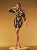 Mock Neck Long Sleeve Sequin Scroll Pattern Bodycon Mini Dress