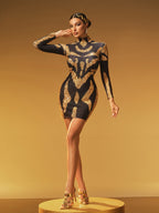 Mock Neck Long Sleeve Sequin Scroll Pattern Bodycon Mini Dress