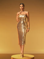 Strapless Sequin Rosette Appliqué Bodycon Midi Dress