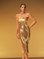 Strapless Sequin Rosette Appliqué Bodycon Midi Dress
