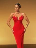 Spaghetti Strap Rosette Appliqué Ruched Plunging Neckline Bodycon Midi Dress