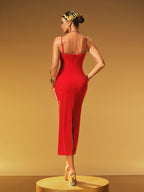 Spaghetti Strap Rosette Appliqué Ruched Plunging Neckline Bodycon Midi Dress