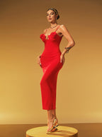 Spaghetti Strap Rosette Appliqué Ruched Plunging Neckline Bodycon Midi Dress