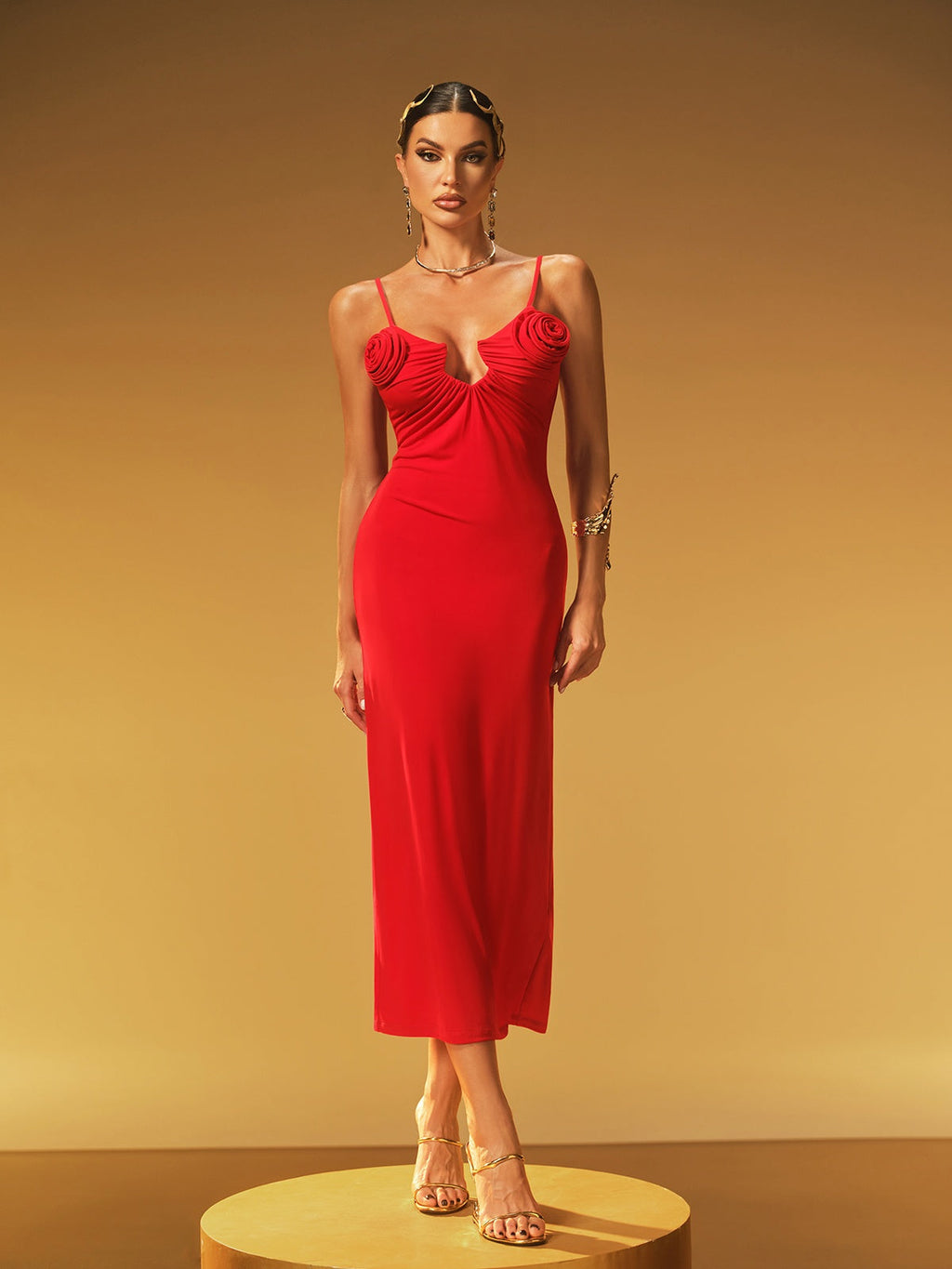 Spaghetti Strap Rosette Appliqué Ruched Plunging Neckline Bodycon Midi Dress