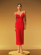 Spaghetti Strap Rosette Appliqué Ruched Plunging Neckline Bodycon Midi Dress