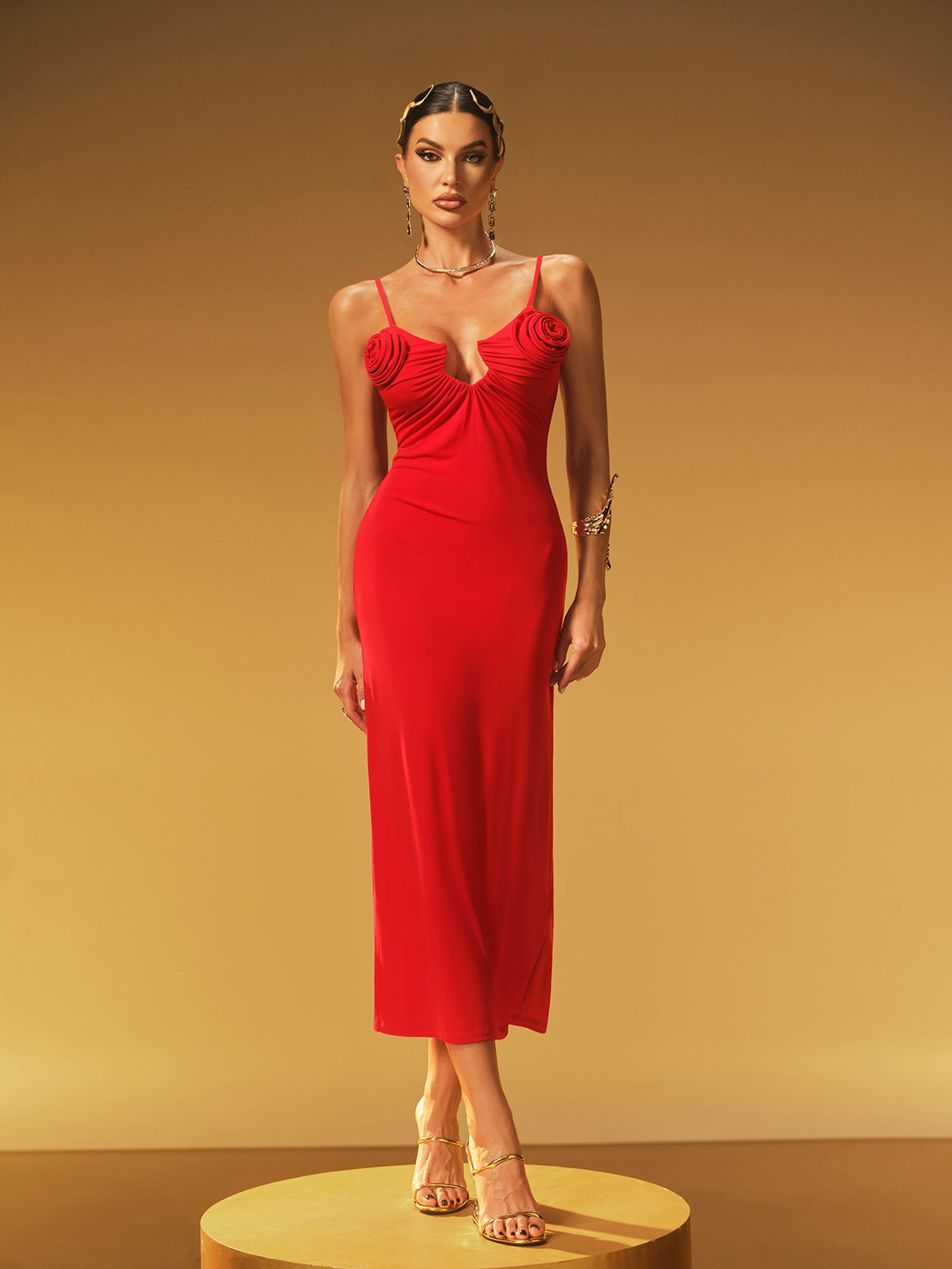 Spaghetti Strap Rosette Appliqué Ruched Plunging Neckline Bodycon Midi Dress