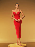 Spaghetti Strap Rosette Appliqué Ruched Plunging Neckline Bodycon Midi Dress