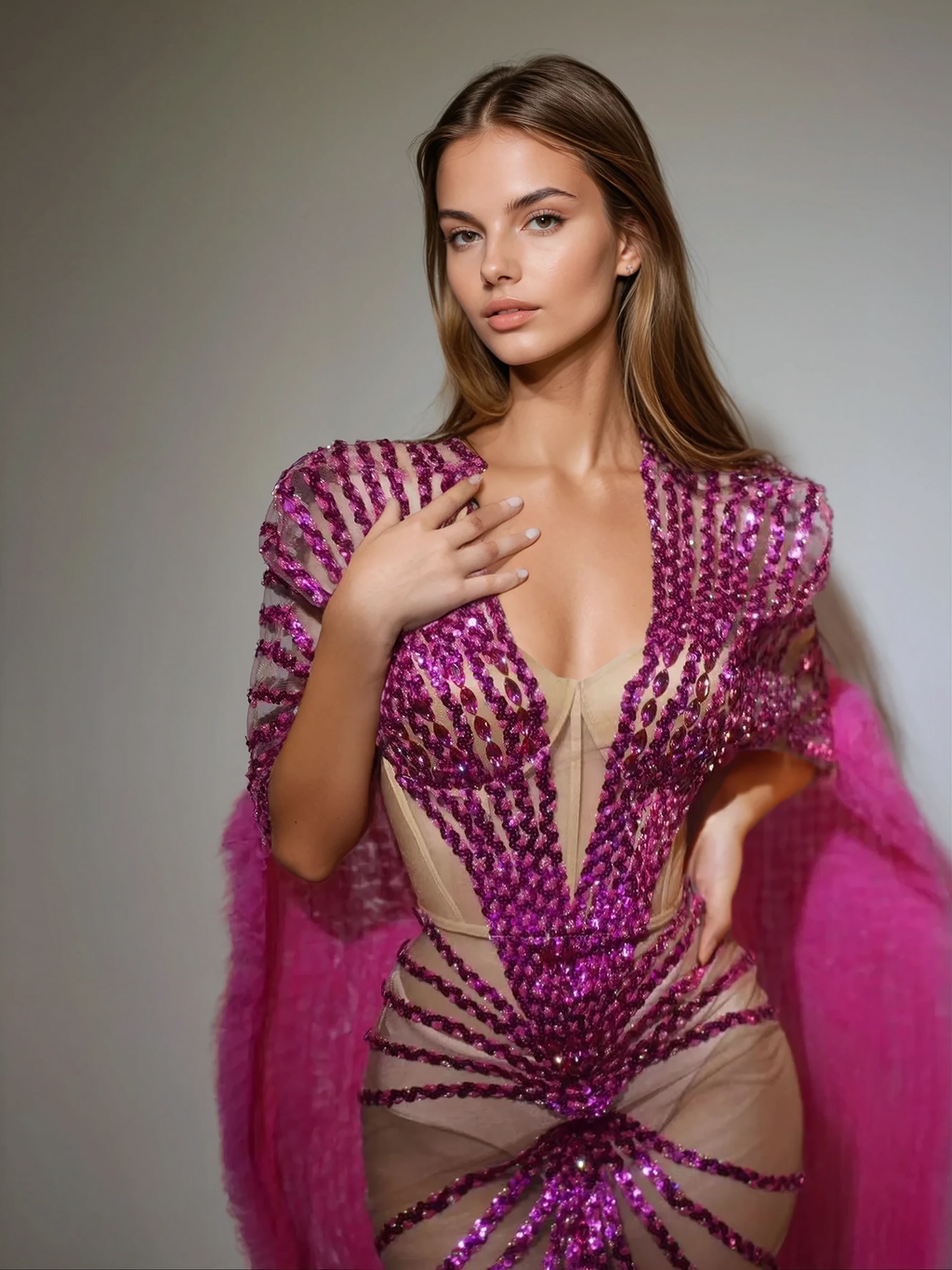 Deep V-Neck Sequin Sunburst Mesh Overlay Feather Trim Cape Maxi Gown